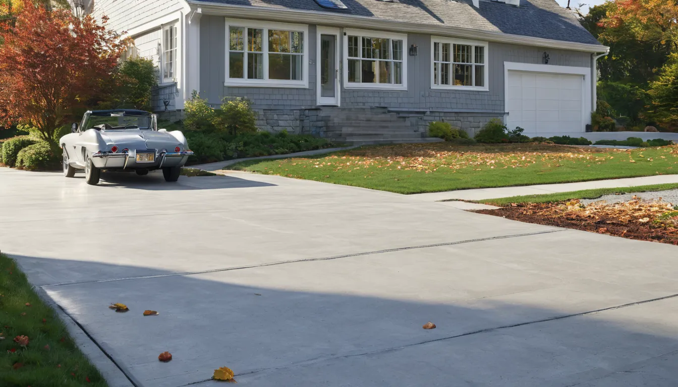 A new broom-finish concrete driveway in front of a Cape Cod style home in Franklin